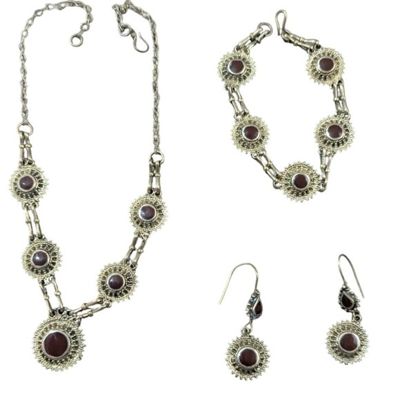 Vintage-Style Gold-Tone Necklace Bracelet & Earrings Set – Faux Garnet Cabochons - Picture 2 of 7